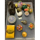 A Tray of collectables to include Various old paperweights, Hand painted eggs, Mauchline ware