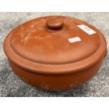 Antique Chinese Yixing made lidded preserve pot, has spout to the inside. [23cm diameter]