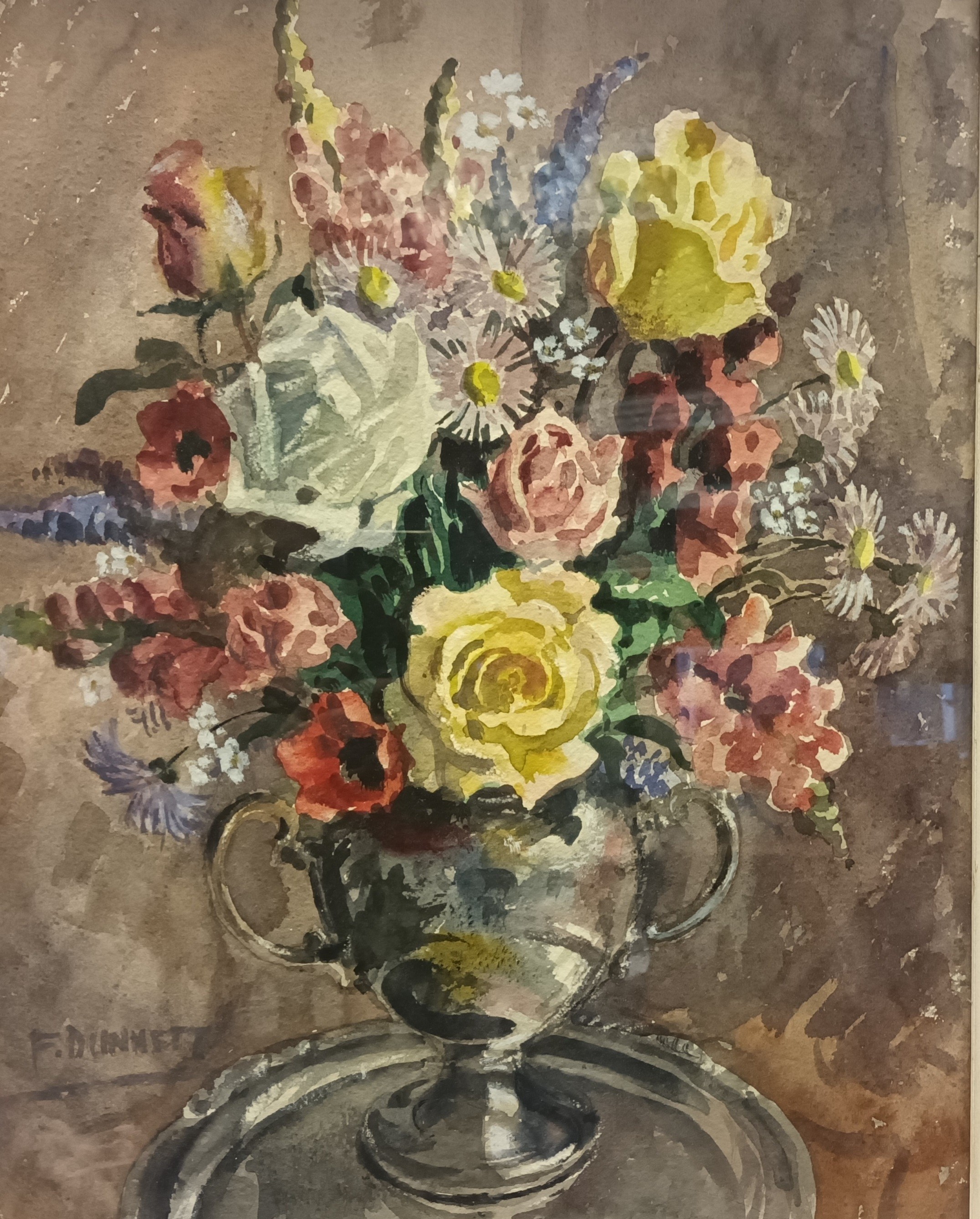 F.Dunnett Frame watercolour depicting a still life of flowers [58x48cm]