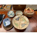 A Collection of studio pottery items to include Bird design fruit bowl, Lobster top lidded tureen