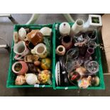Two crates of collectable odds to include Japanese Satsuma vase, cut crystal items, Novelty tea pots