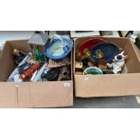 Two boxes of collectable odds to include dog bank sculpture, Plated flatwares, blue and white