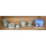 A Shelf of Wedgwood green and white Jasper ware to include boxed clock, Tea box with lid and
