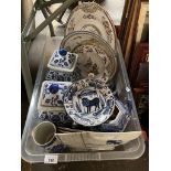 A Box of collectable porcelain to include antique blue and white Egyptian style plate, Satsuma