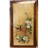 Wooden painted panel depicting bird on a branch. 69x38cm]