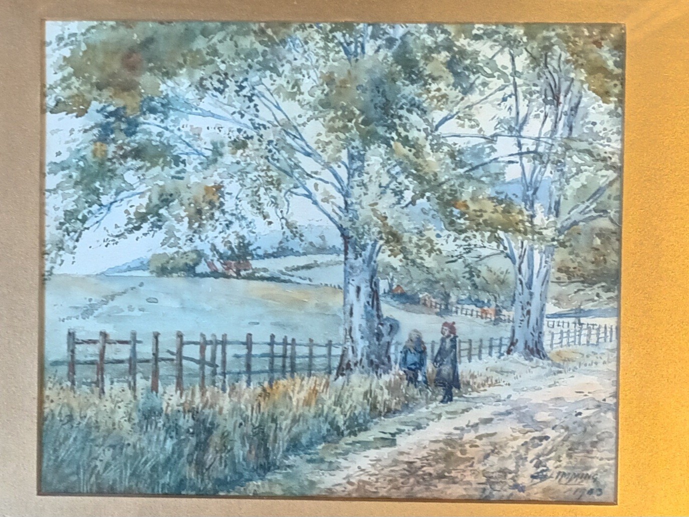 A.Blimming 1903 Watercolour depicting landscape walk withing a moulded gilt frame [42x49cm]