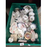 A Crate of collectable porcelain to include enamelled mug, floral design dolls tea set and various