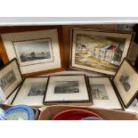 A Collection of old coloured prints and oil painting depicting village buildings