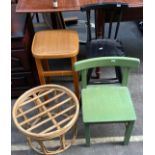 Four pieces of furniture, Childs high chair, Two Stools and childs green chair