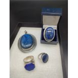 Two 925 silver and Lapis Lazuli rings, White metal and Lapis Lazuli large pendant and plated and