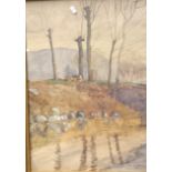 Henri Goerg [1918] Framed watercolour depicting tree cutting river scene [64x48cm]