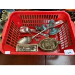 A Basket of silver plated flatwares to also include Flora & Fauna novelty brass pig hose tap and