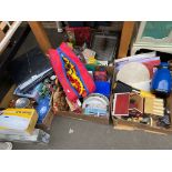Four boxes of odds to include Sony turntable, kitchen wares, car emergency kit and various boxed and