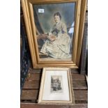 Antique photo of a lady seated together with an engraving/ etching of John Knox's house Edinburgh