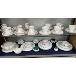 Two shelves of tea and dinner wares to include Tuscan China tea set, Paragon Belinda coffee