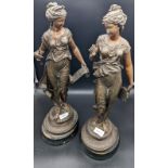 A Pair of antique bronze spelter figurines. [49cm high]
