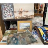 A Quantity of mixed art works to include watercolours of boat scenes, Tribal oil on canvas-