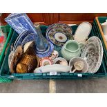 A Crate of collectables to include blue and white Copeland spode ware, Brown glazed chicken egg pot,