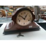Mahogany and burr walnut cased mantel clock, comes with key and pendulum