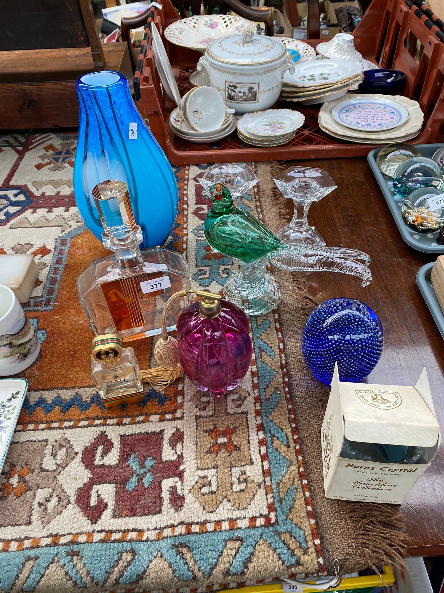 A Collection of art glass items to include Murano blue vase, A Pair of Royal Doulton candle