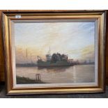 Large oil painting depicting ship on a harbour scene signed Watson set in a gil frame