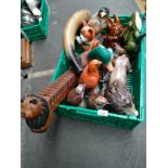 A Crate of collectable odds to include Beswick bird decanters, Mid century duck light, Lion