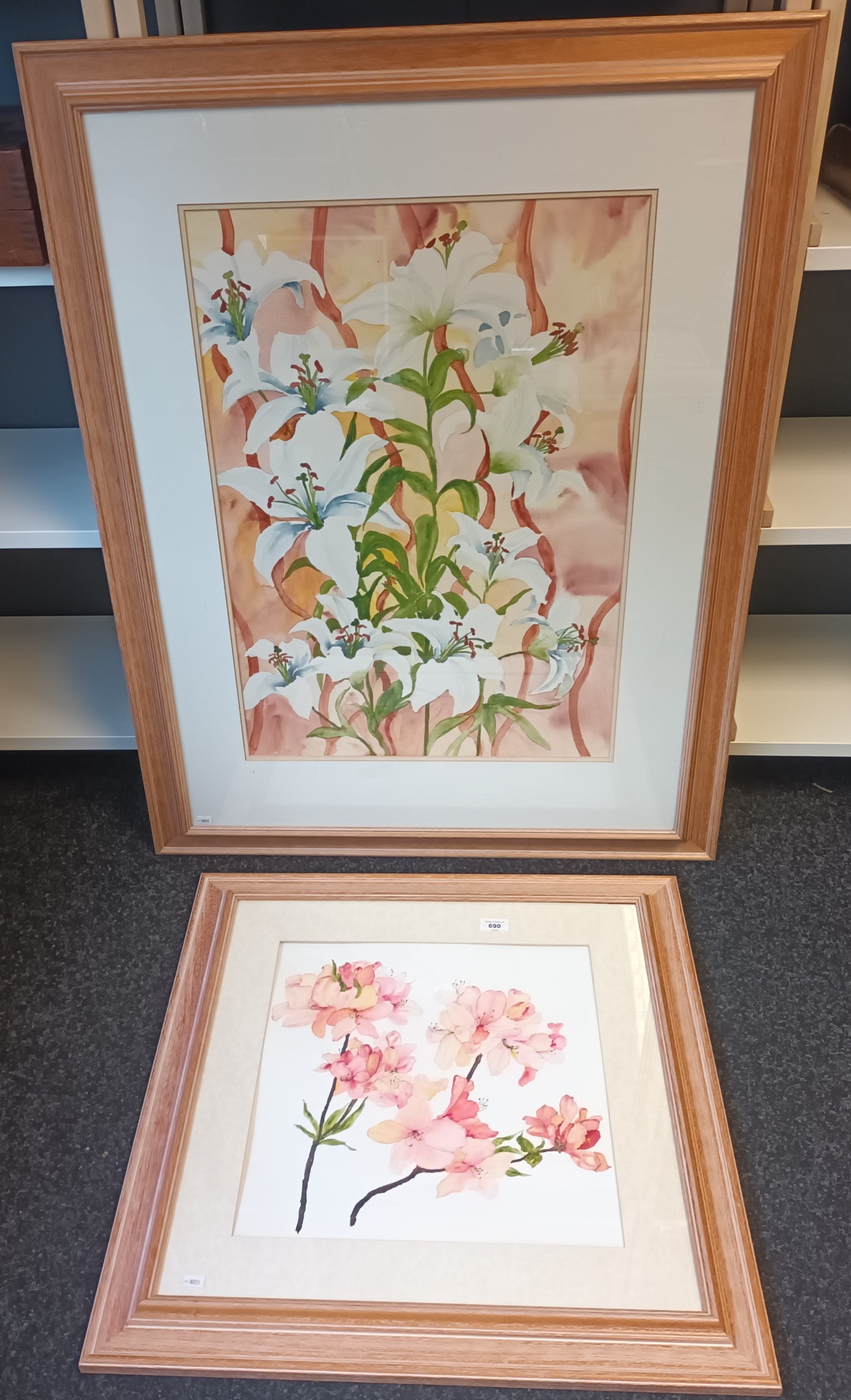 Jo Haldane Two Framed watercolours depicting lilies and other flowers, 1996 [105x81cm]