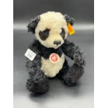 Vintage Steiff Mohair Jointed Panda Bear EAN 030512 with Button And Tag.