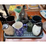 A Tray of collectables to include art glass penguin paperweight, Pottery vases, Fish Gurgling jug