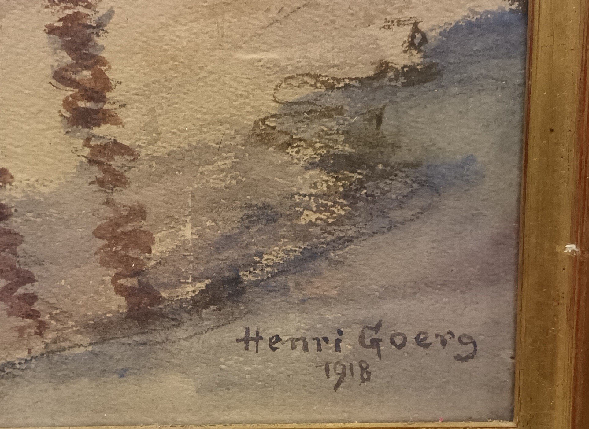 Henri Goerg [1918] Framed watercolour depicting tree cutting river scene [64x48cm] - Image 3 of 4