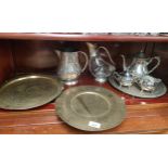 A Shelf of collectable odds to include Plated tea service, W&S Blackinton Silver plate water jug,