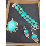 Silver and Turquoise stone bracelet, pendant and earrings.