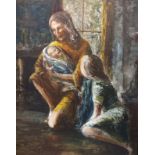 Framed oil on canvas/board depicting a mother with her children. Signed, Bertram [35x29cm]