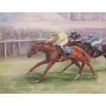 Oil on canvas depicting a horse racing, Signed 1994 [45x56cm]