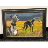 Oil painting on canvas depicting whippet/ grey hound portraits within a field. Signed T. Lafferty