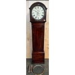 18th/19th century long cased grandfather clock, the barrel top with enamel face and detailed with