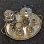 A Large antique two handle serving tray, Candle sticks, Ladle, Samovar and spirit kettle.