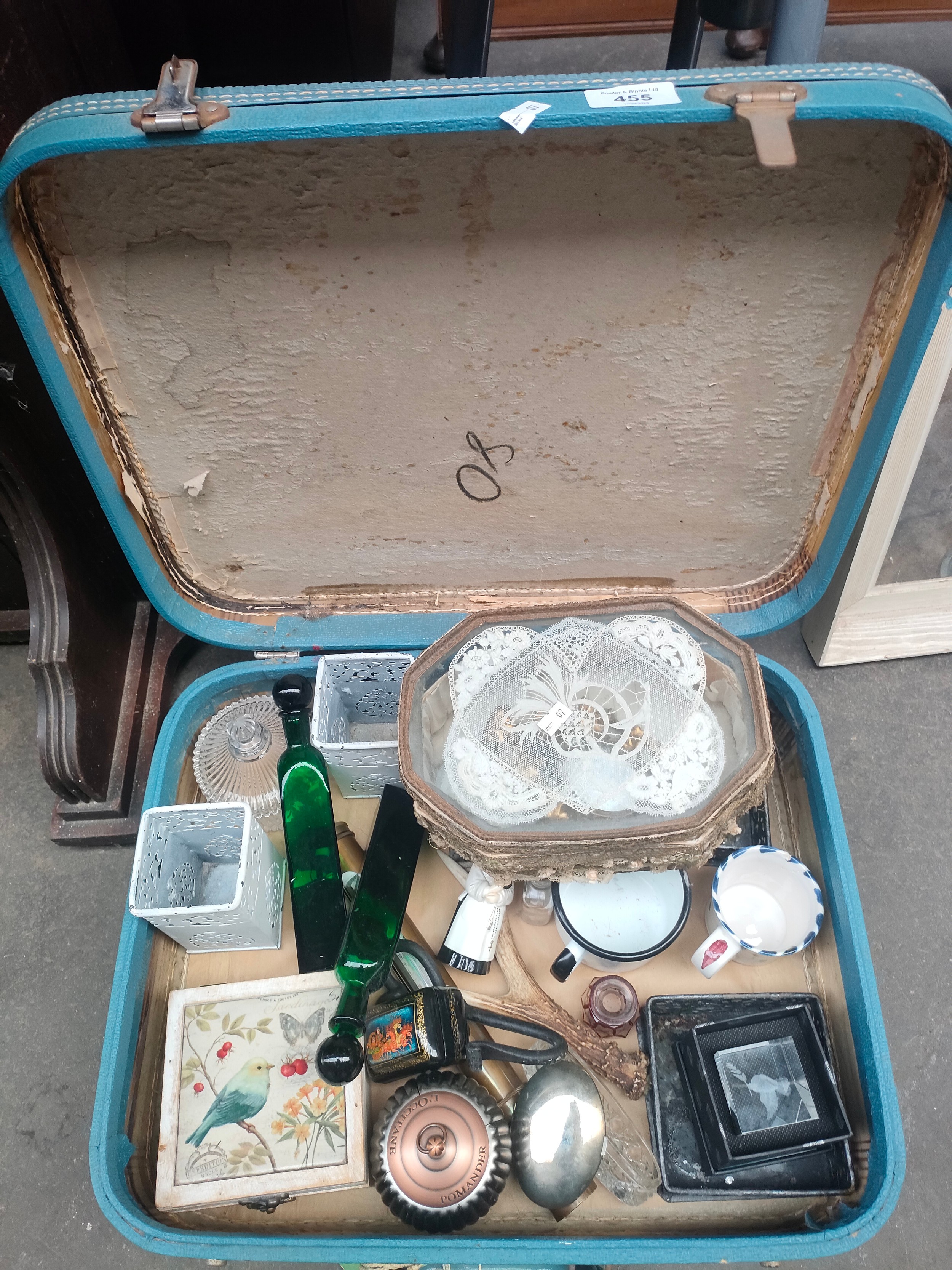 Case of odds to include Russian pill box, thermometer and other odds etc