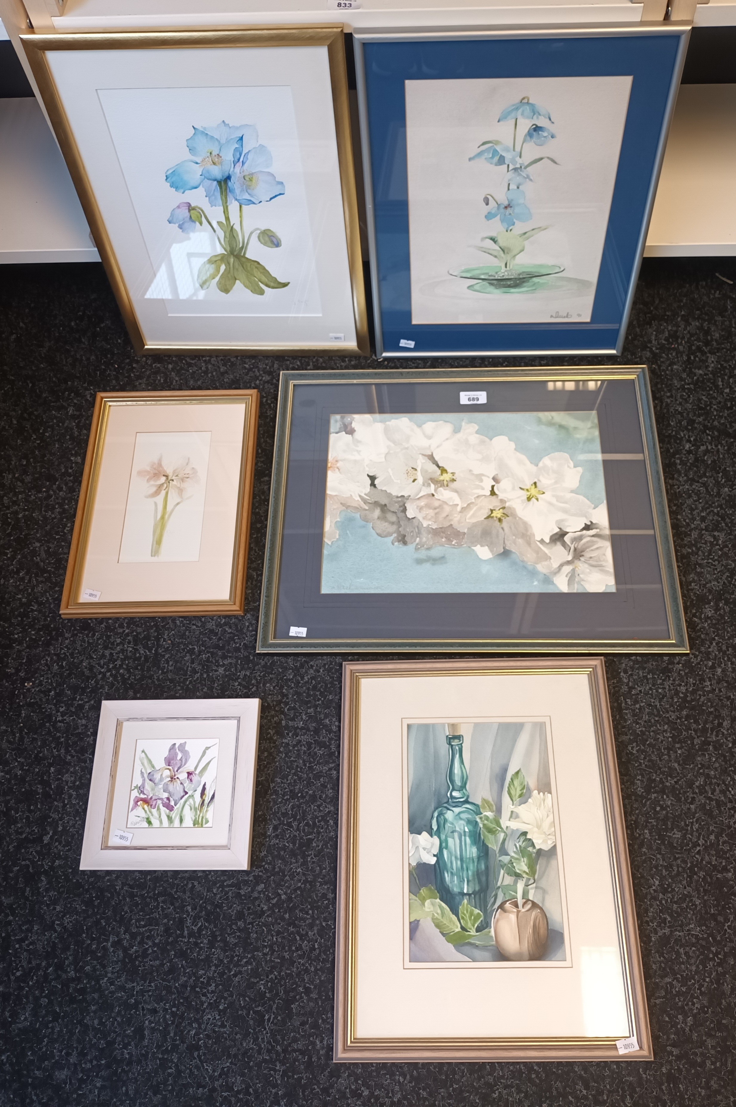 Six framed watercolours all signed by the artist, all depicting flowers. To include - ''Blue Poppy''