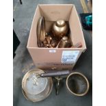 A Box containing a collection of brass wares, include ash urn, Vintage Barrus Measure master