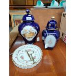 2 Limoges temple jars along with cake stand