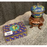 Two antique Chinese cloisonné lidded dishes. One is a lidded trinket box and the other is a lidded