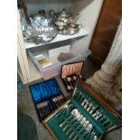 A Large collection of silver plated wares includes cutlery sets etc