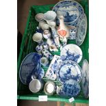 Box of various blue and white porelain