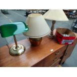 3 table lamps to include desk lamp along with box of cutlery
