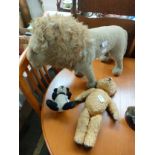 3 19th century soft toys to include large lion with glass eyes
