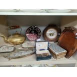 A Shelf of Collectables includes amber handled tea pot, barometer, petite point dressing table set