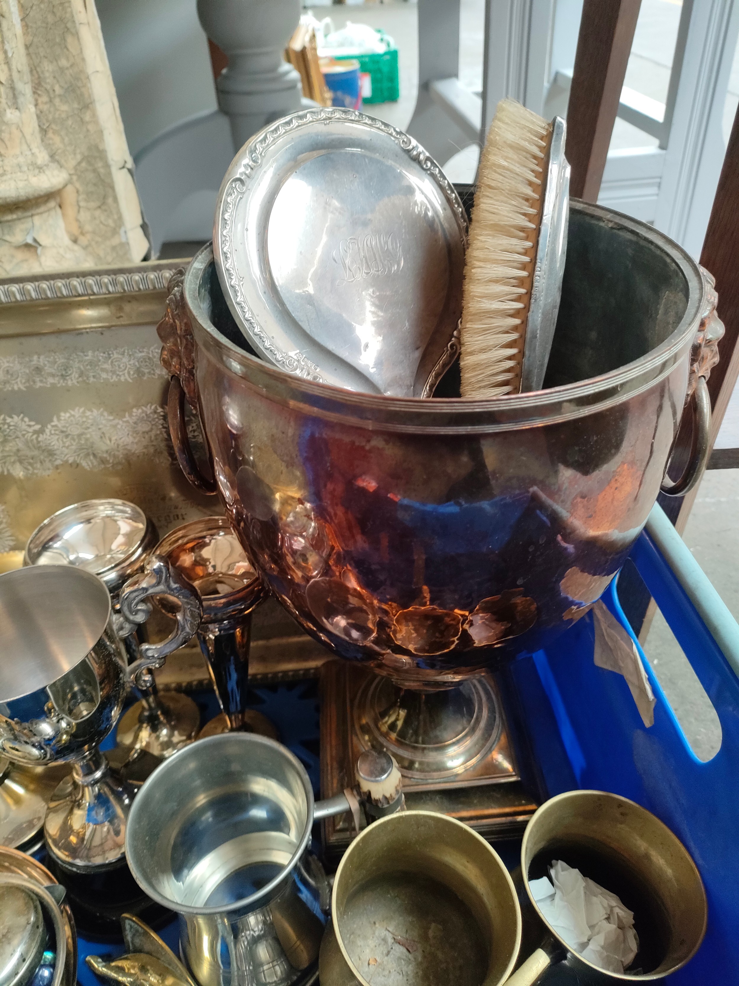 A Box of Silver plated/ brass wares to include eastern tray and silver hand mirror etc - Image 2 of 4