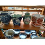 2 Shelves of oriental wares includes temple jar signed to base etc