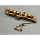 Antique Chester 15ct yellow gold bar brooch set with seed pearls. [Weighs 3.33grams]